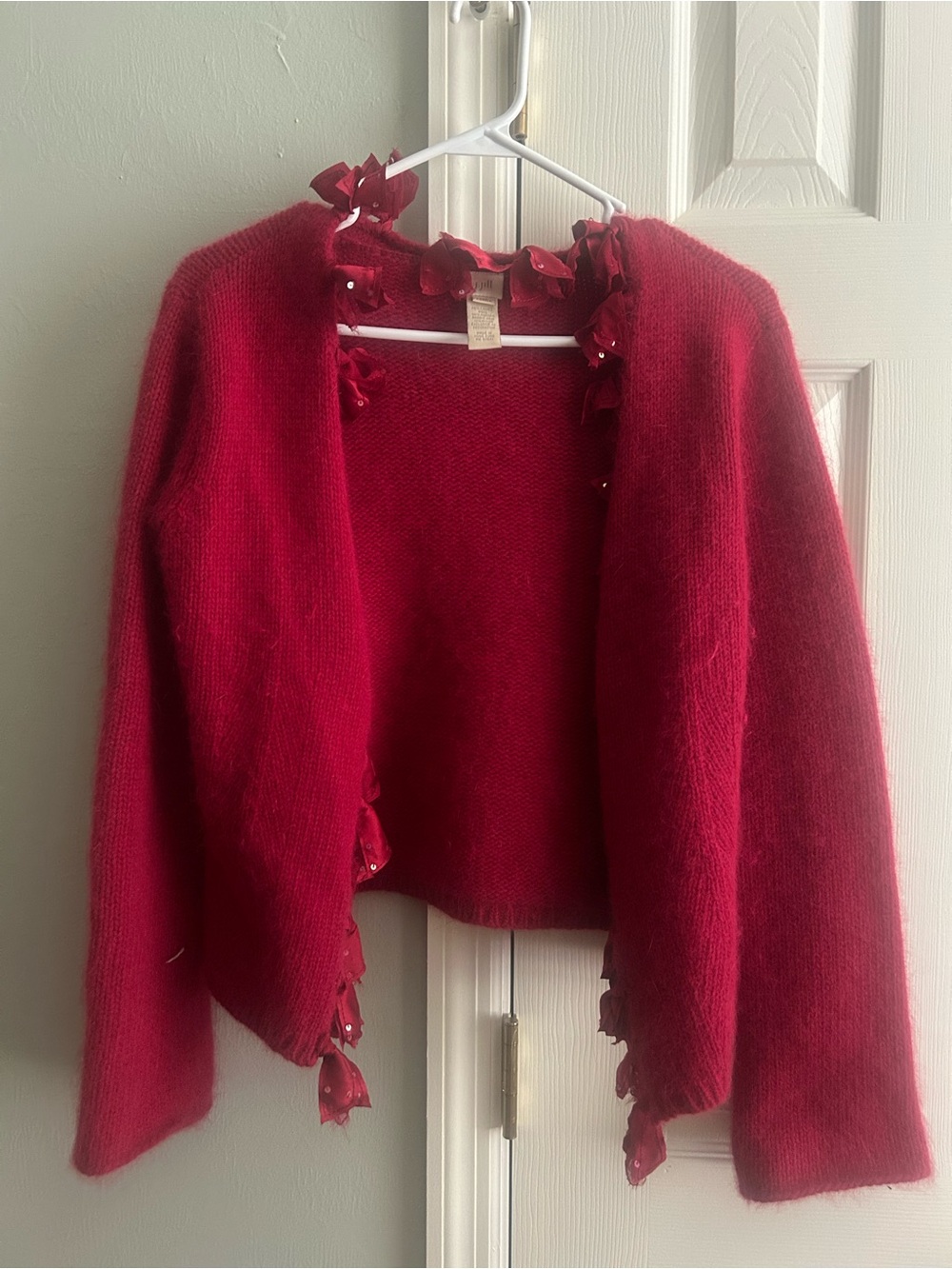 J. Jill Deep Red Open-Front Sweater Cardigan with Sequin Bedazzled Bows